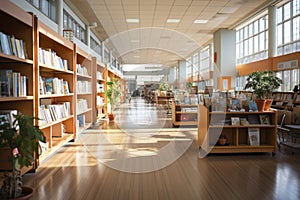 Public library interior with no people and bookshelves. Workplace table, desk with laptop and chairs for studying, college,