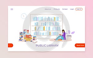 Public library landing web banner, people character sitting floor read textbook, university book depository flat vector