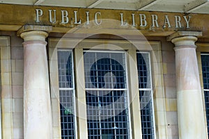 Public Library sign with pillars