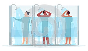 Public male shower semi flat RGB color vector illustration