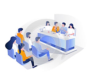 Public meetings and conferences in isometric and flat illustration