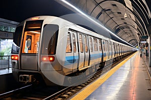 Public metro departs the station with travelers onboard, commencing their journey