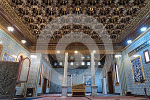 Public mosque of Manial Palace of Prince Mohammed Ali Tewfik with wooden golden ornate ceilings, Cairo, Egypt