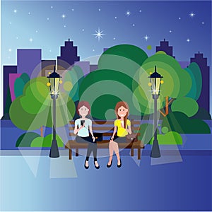 Public night park couple woman sitting wooden bench street lamp green lawn trees on city buildings template background