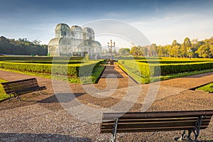 Public park around Botanical garden greenhouse in Curitiba, Parana, Brazil