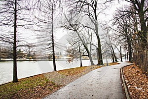 Public park . Cold day moody sky.Landscape photography at Herastrau Park Bucharest beautiful scenery.Landscape photograp