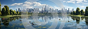 Public park and high-rise buildings cityscape in metropolis city center . Green environment city and downtown business district in