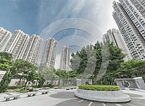 Public park and high rise residential buildings in Hong Kong city