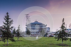 The public park and the main building of Politehnica University of Bucharest