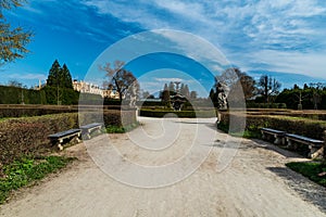 Public park with sculptures and castle in Lednice in Czech republic