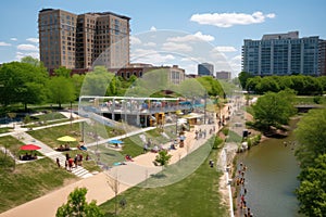 public park with sunbathers, food trucks, and music festival happening nearby