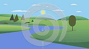 Public park with trees , hills and sky background design.Landscape view river with park and skyscrapers Vector