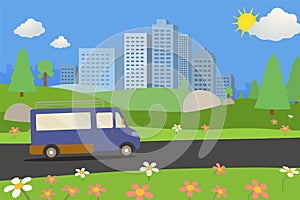 Public park with van on road and city background.nature landscape with road and urban.Cartoon nature landscape view with town