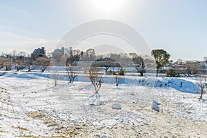 Public park with white snow