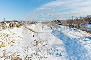 Public park with white snow