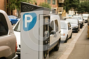 Public parking meter station on street