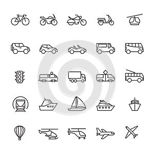 Public passenger transport line icons. Cars and vehicles set. Transportation and shipping outline symbols isolated