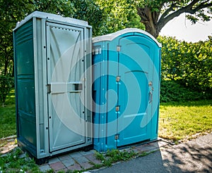 Public portable bio-toilets in Children`s World Park in Bucharest, Romania