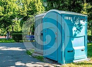 Public portable bio-toilets in Children`s World Park in Bucharest, Romania