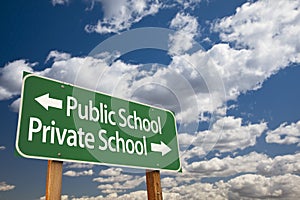 Public or Private School Green Road Sign Over Sky photo