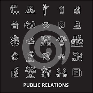 Public relations editable line icons vector set on black background. Public relations white outline illustrations, signs