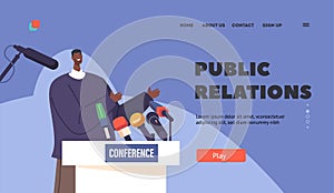 Public Relations Landing Page Template. Press Conference, Briefing Concept With Black Politician Man Speak To Audience
