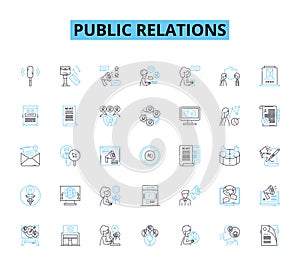 Public relations linear icons set. Communications, Reputation, Branding, Media, Crisis, Messaging, Advocacy line vector