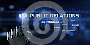 Public relations PR. Robot hand pressig button 3d render.