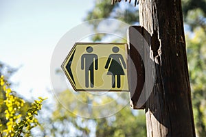 Veřejnost toalety zpívat muži ženy na připojen na dřevo přihlásit. toalety v příroda parky venku 