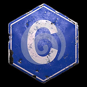 Public road sign in blue color with a capitol white letter C in the center isolated black background. 3d