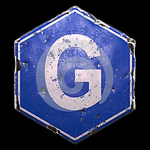 Public road sign in blue color with a capitol white letter G in the center isolated black background. 3d