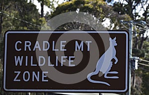 Public road sign for Cradle Mt Wildlife Zone