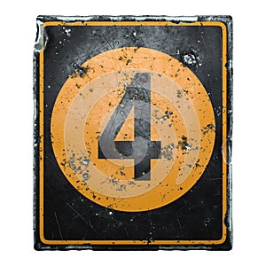 Public road sign orange and black color with a capital letter 4 in the center isolated on white background. 3d