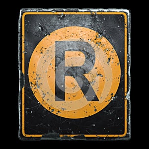 Public road sign orange and black color with a capital letter R in the center isolated on black background. 3d