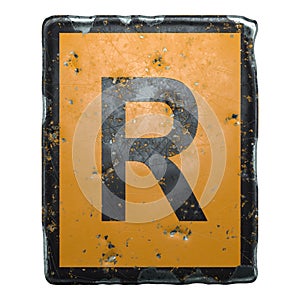 Public road sign orange and black color with a capital letter R in the center isolated on white background. 3d