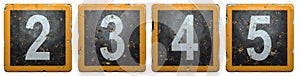 Public road sign orange and black color with a set of numbers 2, 3, 4, 5 in the center isolated on white background. 3d