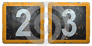 Public road sign orange and black color with a set of numbers 2, 3 in the center isolated on white background. 3d