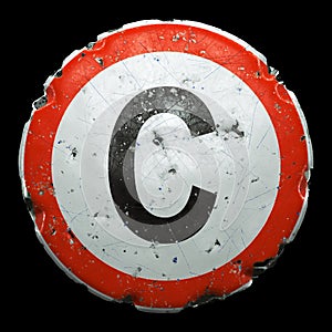 Public road sign in red and white with a capitol letter C in the center isolated on black background. 3d