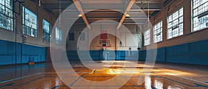 Public school, interior wide gym. Empty sports court