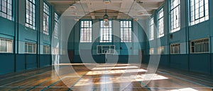 Public school, interior wide gym. Empty sports court