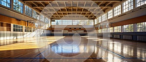 Public school, interior wide gym. Empty sports court