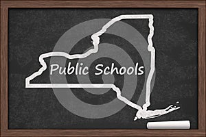 Public Schools in New York with state map on a chalkboard photo