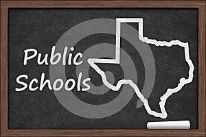 Public Schools in Texas with state map on a chalkboard