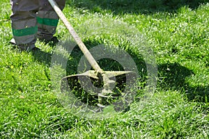 Public services mow the grass in the park