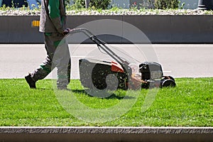 Public services mow the grass in the street road