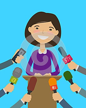 Public speaker, interview with journalists. Press Conference concept. Cartoon vector illustration