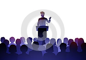 Public Speaker On Lectern In Front Of Audience.