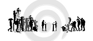 Public speaker standing on podium vector silhouette. Politician woman meeting ceremony event. Businessman speaking with public.