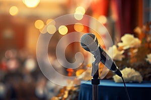 Public speaking enhanced by a microphone on the stage podium.