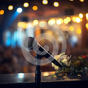 Public speaking enhanced by a microphone on the stage podium.